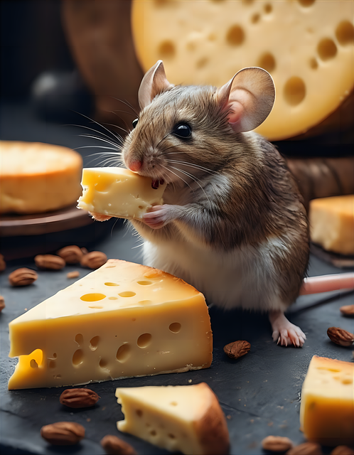 Realistische Illustration einer Maus, die Käse frisst